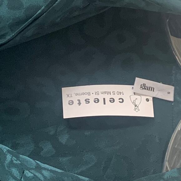 Glam Dark Green Leopard Print LS V-Neck Blouse Oversize Small New with Tags - Picture 6 of 9